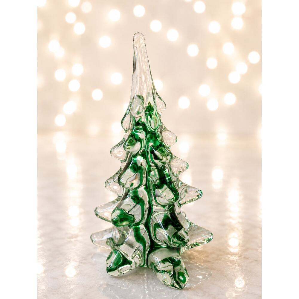 handmade art glass Christmas tree figurine clear glass with a dark green ribbon